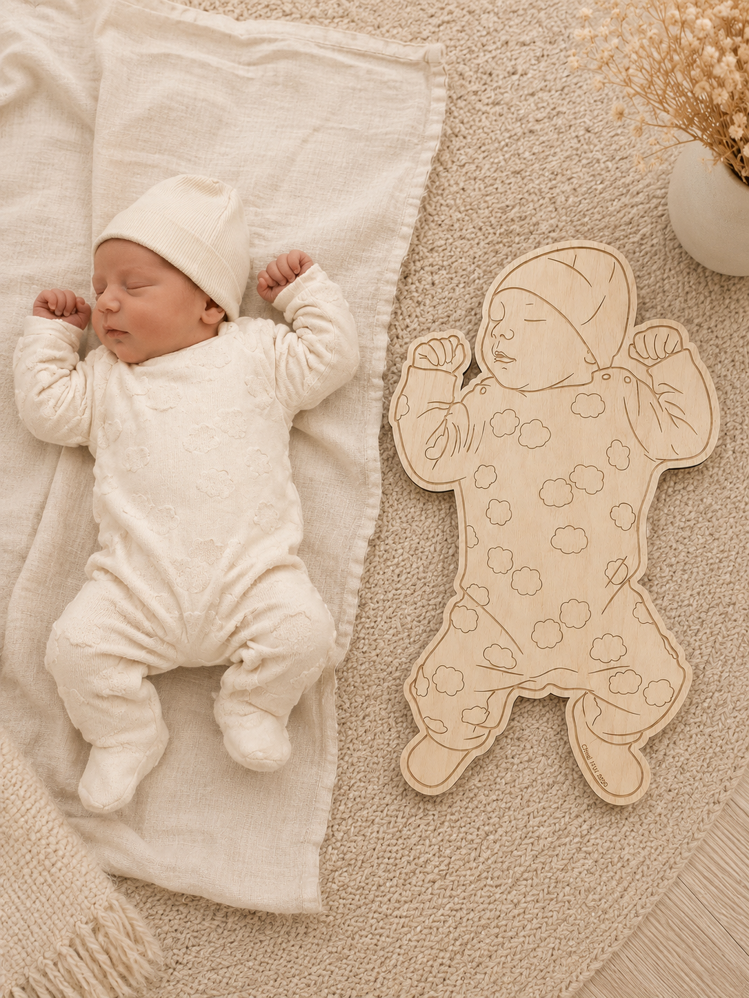 Babyfoto op Ware Grootte van Hout – Gepersonaliseerde Herinnering